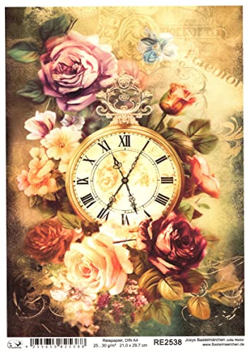 Josys Bastelmärchen Reispapier A4 Strohseide Decoupage Vintage Rosen Blumen Uhr RE2538 von Josys Bastelmärchen