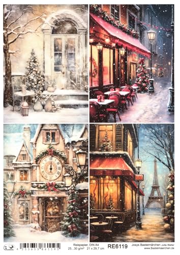 Josys Bastelmärchen Reispapier A4 Strohseide Decoupage Weihnachten Haus Straße Kaffee Uhr RE6119 von Josys Bastelmärchen