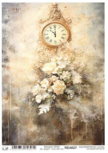 Josys Bastelmärchen Reispapier A4 Strohseide Decoupage Weihnachten Vintage Uhr Blumen RE4607 von Josys Bastelmärchen