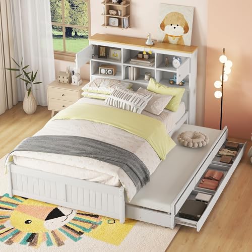 Bett 140x200cm mit Bücherregal Schrank, Kinderbett Jugendbett mit ausziehbarem Bett und 3 Schubladen, Funktionsbett Gästebett Holzbett Doppelbett Bettliege mit Regalwand, inkl. Lattenrost, Weiß von Jovify