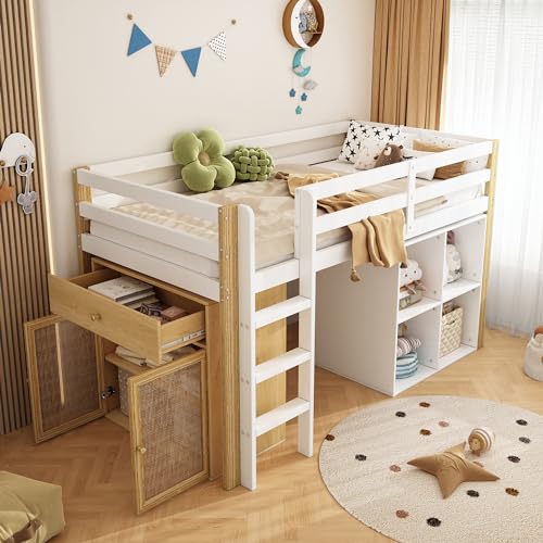 Etagenbett 90 x 200 cm, Hochbett mit Kleiderschrank und Schublade, Kinder Bett Stauraumbett mit 4 offene Fächer Schrank, Funktionsbett Stockbett Kinderhochbett Jugendhochbett, Massivholz, Natur+Weiß von Jovify