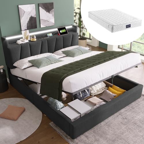 Funktionsbett 140x200 Mit Matratze, Doppelbett mit Stauraum und Lattenrost, Hydraulisch Stauraumbett Polsterbett Stauraum-Kopfteil Bett mit Aufladen USB und LED Beleuchtung, Verstellbares Kopfteil von Jovify