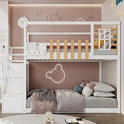 Hochbett 90x200, Kinderbett mit 3 Schließfächer in der Treppe, Holzbett Bettgestell mit Fenster und Rausfallschutz,Funktionsbett Etagenbett Stockbett Kinderhochbett Jugendhochbett, Ohne Matratze,Weiß von Jovify