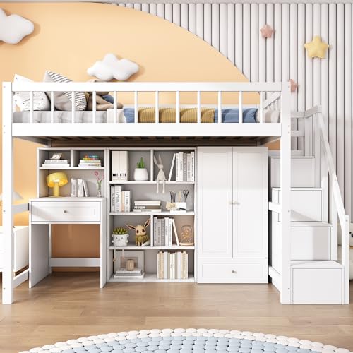 Kinderbett 90x200 cm, Hochbett mit Kleiderschrank Schreibtisch und Treppe, Einzelbett mit Schubladen und Schließfach, Funktionsbett Kinderhochbett Jugendhochbett mit Rausfallschutz & Lattenrost, Weiß von Jovify