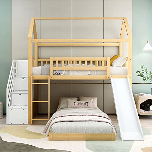 Kinderbett Etagenbett 90x200 cm, Hausbett mit Rutsche, Hochbett Baumhaus Bett mit Treppe und Stauraum Schublade für 2 Kinder, Stockbett mit Rausfallschutz und Lattenrost, Natur & Weiß, Ohne Matratze von Jovify