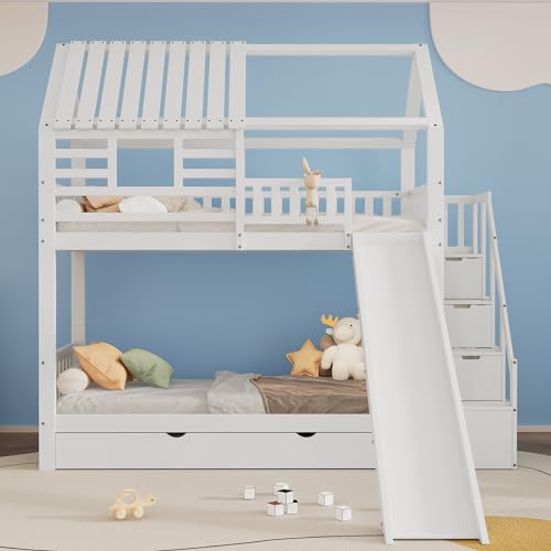 Kinderbett Etagenbett 90x200 für 2 Kinder, Hausbett Hochbett mit Treppe und Rutsche, Baumhaus Bett mit Schließfächer & Schubladen Stauraum,Stockbett mit Rausfallschutz & Lattenrost,Weiß,Ohne Matratze von Jovify