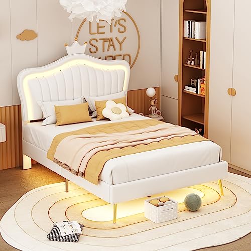 Kinderbett Polsterbett 90x200 cm mit LED-Beleuchtung, Kronenförmige Mädchenbett, Einzelbett mit verstellbares Kopfteil, Bettgestell aus PU-Leder mit Lattenrost und Rückenlehne, ohne Matratze, Weiß von Jovify