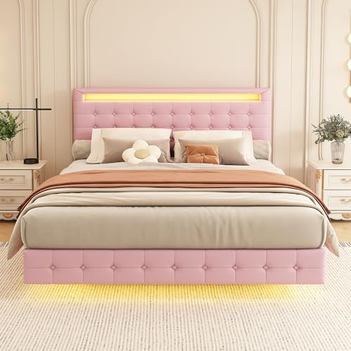 Polsterbett 140 x 200 cm, Bett Schwebebettrahmen mit LED-Beleuchtung und Lattenrost, Doppelbett mit höhenverstellbares Kopfteil, Floating Bed Frame, Gepolstertes Bett Bettrahmen, Ohne Matratze, Rosa von Jovify