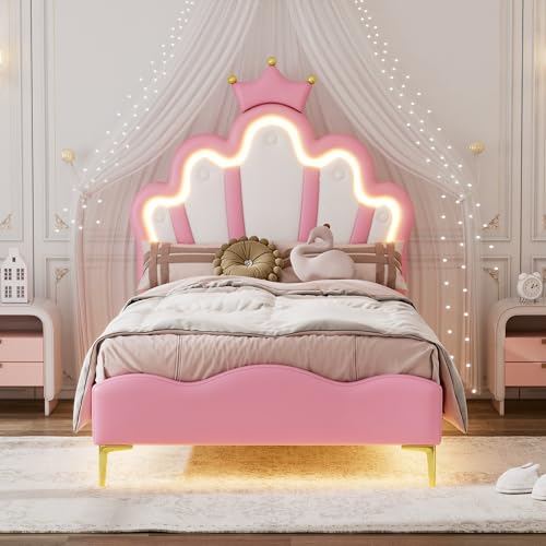 Polsterbett Einzelbett 90x200 cm, Kronenförmiges Prinzessinnenbett mit LED-Beleuchtung, Bett mit Lattenrost und Rückenlehne, Mädchenbett Kinderbett Jugendbett Gästebett, PU-Leder, ohne Matratze, Rosa von Jovify