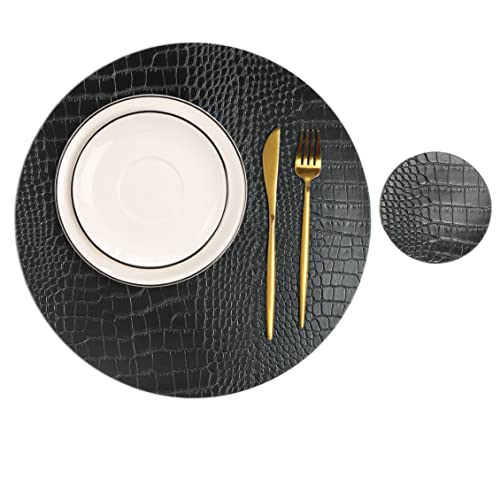 Runde Leder Tischsets für runde Tische 4er Set, schwarze Tischsets und Untersetzer, waschbar pflegeleicht für Innendekoration 33 cm Durchmesser von Jovono