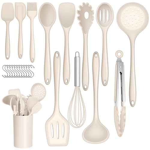 Küchenhelfer Set, Joyfair 25 Teiliges Silikon Küchenutensilien Kochbesteck Set, Antihaft Hitzebeständiger Kochutensilien Kochgeschirr mit Utensilienhalter & S-Haken, Spülmaschinenfest - Khaki von Joyfair