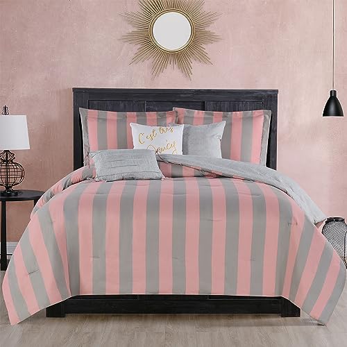 Juicy Couture Cabana Stripe Wende-Bettwäsche-Set – King Size – rosa und grau gestreifter Druck – 6-teiliges Set – beinhaltet 1 Bettdecke 104 x 90 cm, 3 dekorative Kissen, 2 Kissenbezüge von Juicy Couture