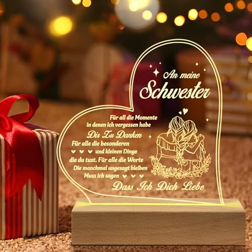 Juratar Schwester Geschenk, LED-Nachtlicht mit Holzsockel Personalisierte Geburtstagsgeschenk für Schwester, Beste Schwester Geschenke von Juratar