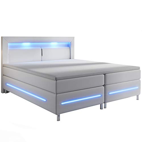 Juskys Boxspringbett Norfolk 140x200 cm - LED Beleuchtung, Bonell Matratze & Topper - 66 cm Komforthöhe - weiß - Bett Doppelbett Polsterbett von Juskys