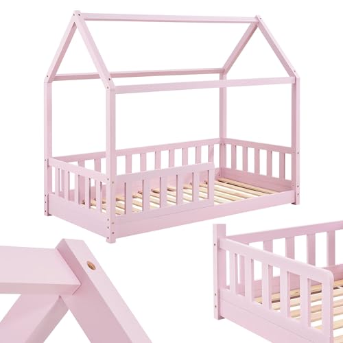 Juskys Kinderbett Marli 80 x 160 cm mit Rausfallschutz, Lattenrost und Dach - Hausbett für Kinder aus Massivholz - Bett in Rosé von Juskys