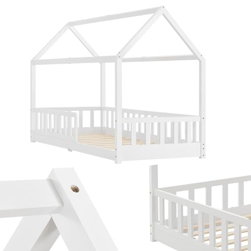 Juskys Kinderbett Marli 90 x 200 cm mit Rausfallschutz, Lattenrost und Dach - Massivholz Hausbett für Kinder - Bett in Weiß von Juskys