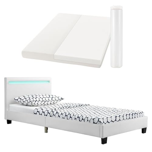 Juskys Polsterbett Verona 90x200 cm weiß mit Matratze - Einzelbett + LED-Beleuchtung, Lattenrost & Kopfteil - Bett aus Holzgestell & Kunstleder-Bezug von Juskys