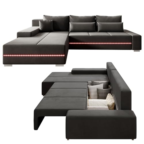 Juskys Sofa Davos Links mit Schlaffunktion - Ecksofa für Wohnzimmer mit Bettkasten & LED - Stoff Schlafsofa L Form Couch Beleuchtung - Dunkelgrau von Juskys