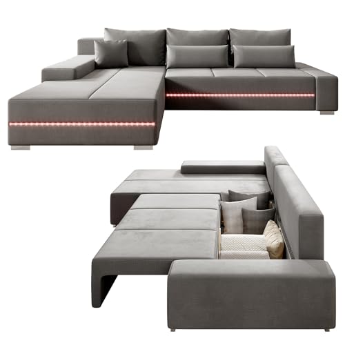 Juskys Sofa Davos Links mit Schlaffunktion - Ecksofa für Wohnzimmer mit Bettkasten & LED - Stoff Schlafsofa L Form Couch Beleuchtung - Hellgrau von Juskys