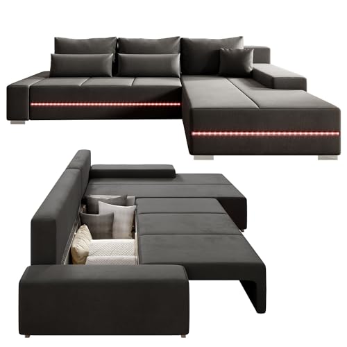 Juskys Sofa Davos Rechts mit Schlaffunktion - Ecksofa für Wohnzimmer mit Bettkasten & LED - Stoff Schlafsofa L Form Couch Beleuchtung - Dunkelgrau von Juskys