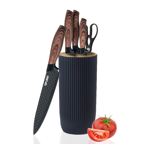 Messer Set, 6-teiliges Schwarz Scharfes Messerblock Set für Küche, Antihaft Rutschfestes Edelstahl-Kochmesser-Set mit Universal-Messerblock Geeignet für Home Restaurant Picknick (Schwarz) von Justup