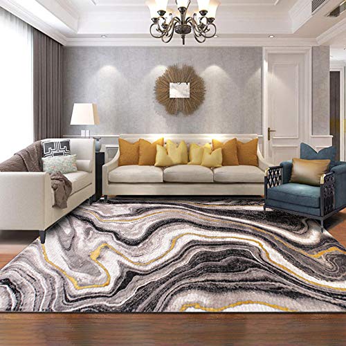 Jwujnxaq Teppich Kurzflor Modern Wohnzimmer Schlafzimmer Deko Teppiche rutschfeste Waschbare Flächenteppich Abstrakte geometrische schwarzgoldene Gebogene Linie, 160 x 280 cm von Jwujnxaq