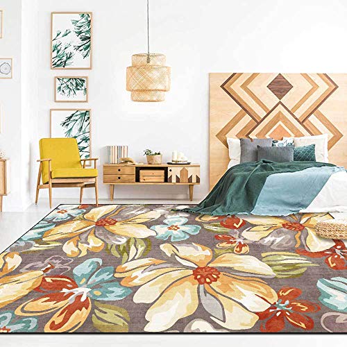 Jwujnxaq Teppich Kurzflor Modern Wohnzimmer Schlafzimmer Deko Teppiche rutschfeste Waschbare Flächenteppich Große Blüten mit graugelben Blüten, 160 x 280 cm von Jwujnxaq