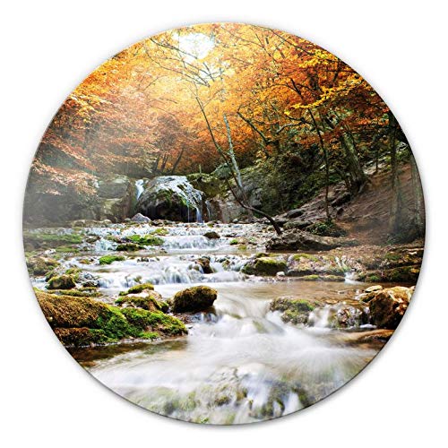 Herbst Deko Wasserfall Glasbild Autumn Waterfall Wandbild aus Glas Natur Bach rund Ø 30cm Glasposter von K&L Wall Art