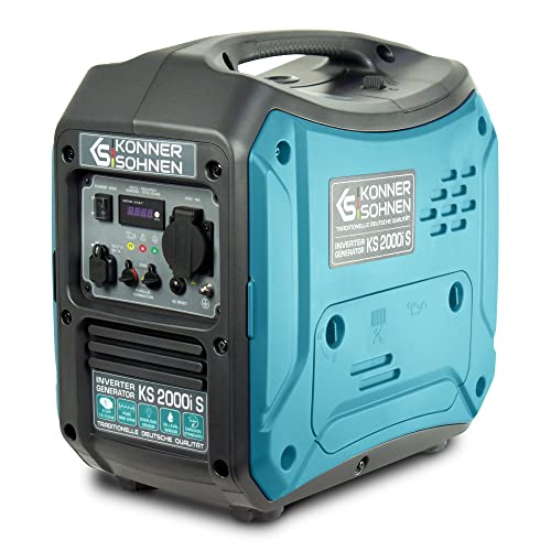 Könner&Söhnen KS 2000i S Invertergenerator.Schalldichtes Gehäuse (64 dB Lpa 7 m).Höchstleistung 2000 Watt, 1x16 A (230 V), 2 USB-Anschlüsse, Kupferwicklung, Kurzschluss- und Überlastschutz von K&S Könner&Söhnen