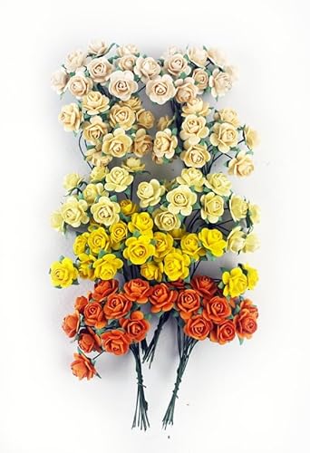 KADADSA 100 Stück kleine künstliche Rosen gemischt orange gelb Schatten fünf Farben Maulbeere Papier Blume 15-18 mm Blume Hochzeit Scrapbooking von KADADSA