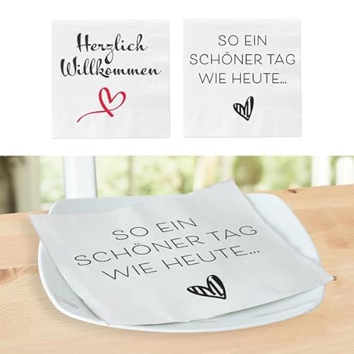 KAMACA Servietten Papierservietten Spruch „Herzlich Willkommen" und „So ein schöner Tag wie heute.." stillvolle Tischdeko Feier Fest Weihnachten (120 Servietten Willkommen + So ein schöner Tag) von KAMACA