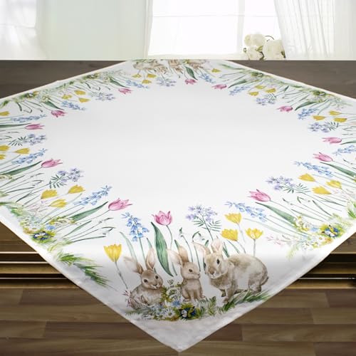 KAMACA Tischdecke Frühling Ostern Blumen Hasen Dekor Osterhasen Ostereier Bunt Waschbar Küche Esstisch Tisch Dekoration (85x85 Hasen - Familie) von KAMACA