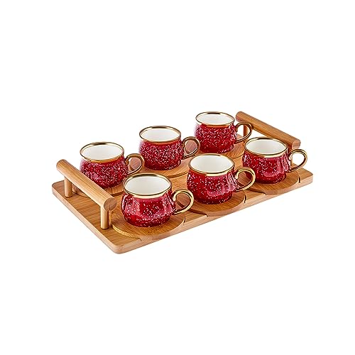 Karaca Kaffeetasse Set Rot für 6 Personen mit Bambus Tablett 90 ml von KARACA