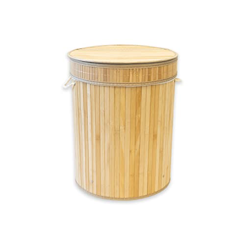 KARAT Wäschekorb Bambus Holz mit Deckel 43 L Aufbewahrungsbox faltbare Wäschetonne mit abnehmbarem Wäschesack und Griffen, Wäschesammler, Wäschebox Truhe für Bad und Schlafzimmer (Rund | 35 x 45 cm) von KARAT