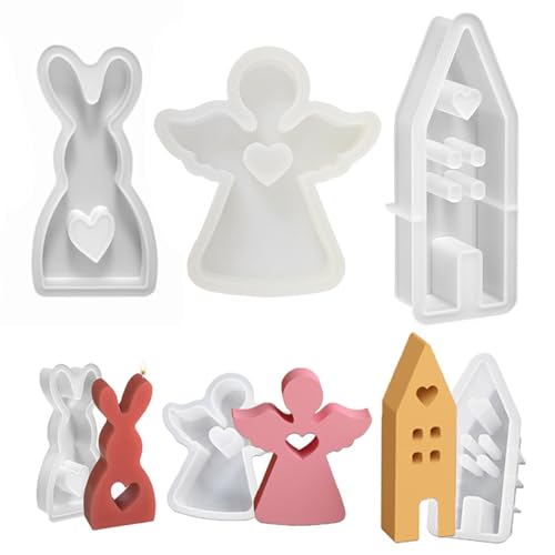 KASESSS 3 Stück Silikonformen Gießformen Ostern, Schick Gießformen Silikon, Schön Gießform Ostern, 3D Silikonform Hase, Haus und Engel, Silikon Gießform für DIY Sojawachs Kerzen, Seife, Gips, Handwerk von KASESSS