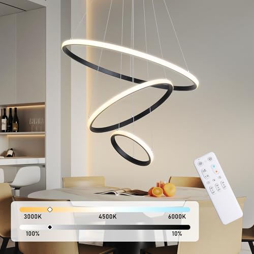 KAUCQI Pendelleuchte Esstisch LED Dimmbar Hängelampe, 120CM/56W Esstischlampe mit Fernbedienung, Modernes Hängeleuchte for Esszimmer, Wohnzimmer, Küche 3 Ringe Höhenverstellba Hängend Lampe von KAUCQI