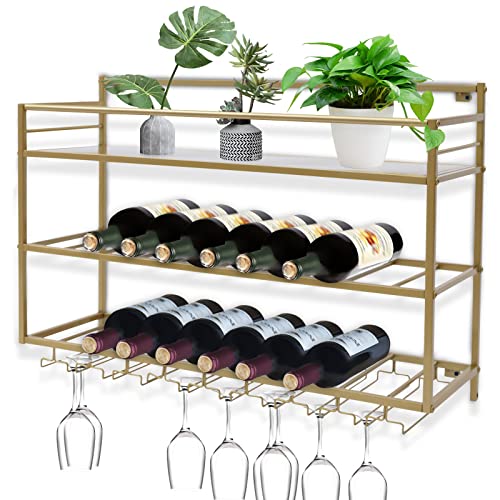 KAUITOPU Wandmontage Weinregal, Gold Metall Flaschenregal mit Weingläser Rack Weinflaschenregale für Küche Esszimmer Bar-Hält von KAUITOPU