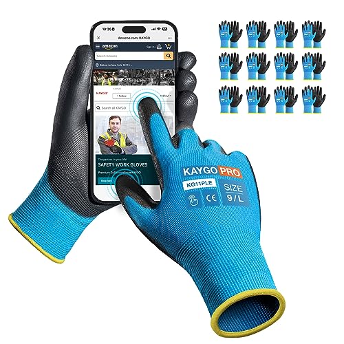 KAYGO 12 Paar Arbeitshandschuhe Touchscreen PU beschichtet Schutzhandschuhe, antirutsch Griff an Handflächen und Fingern, Geeignet für DIY allgemeine Arbeit Gartenarbeit (Blau, L, Gr 9) von KAYGO