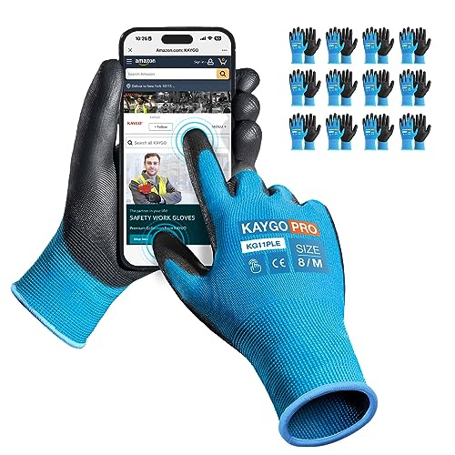 KAYGO 12 Paar Arbeitshandschuhe Touchscreen PU beschichtet Schutzhandschuhe, antirutsch Griff an Handflächen und Fingern, Geeignet für DIY allgemeine Arbeit Gartenarbeit (Blau, M, Gr 8) von KAYGO