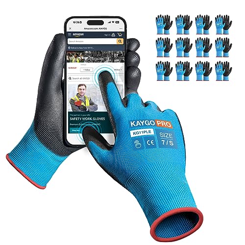 KAYGO 12 Paar Arbeitshandschuhe Touchscreen PU beschichtet Schutzhandschuhe, antirutsch Griff an Handflächen und Fingern, Geeignet für DIY allgemeine Arbeit Gartenarbeit (Blau, S, Gr 7) von KAYGO