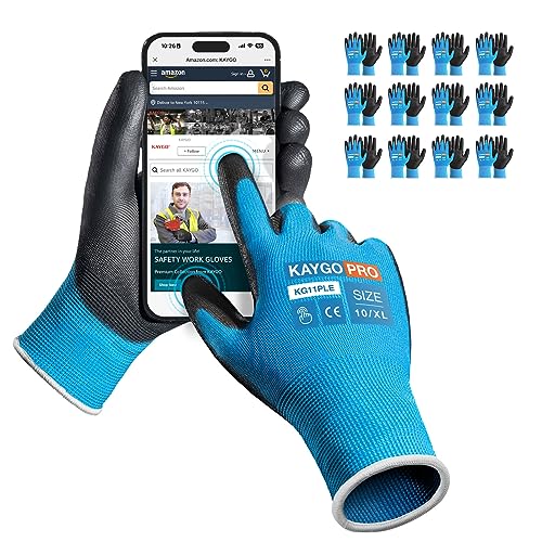 KAYGO 12 Paar Arbeitshandschuhe Touchscreen PU beschichtet Schutzhandschuhe, antirutsch Griff an Handflächen und Fingern, Geeignet für DIY allgemeine Arbeit Gartenarbeit (Blau, XL, Gr 10) von KAYGO