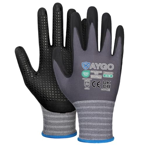 KAYGO 12 Paar Arbeitshandschuhe mit Grip Noppen für Anti-Rutsch Griff, KG19N, Nitril beschichtet Leicht Ölbestandig, Nahtlose Strick Nylon Schutzshandschuhe für Arbeit, Auto, Lager (Grau, M, Gr 8) von KAYGO