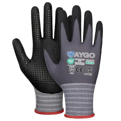 KAYGO 12 Paar Arbeitshandschuhe mit Grip Noppen für Anti-Rutsch Griff, KG19N, Nitril beschichtet Leicht Ölbestandig, Nahtlose Strick Nylon Schutzshandschuhe für Arbeit, Auto, Lager (Grau, S, Gr 7) von KAYGO