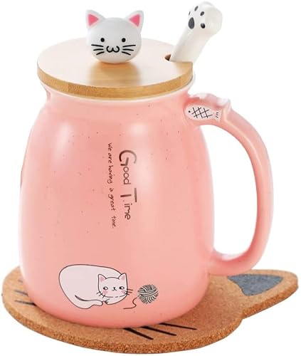 KBEAZY Katzen-Tasse, niedliche Keramik-Kaffeetasse mit schönem Kätzchen-Deckel, Edelstahl-Löffel, Neuheit Morgen-Tasse, Tee-Milch-Weihnachts-Tasse, Geschenk, 380 ml (Rosa) von KBEAZY
