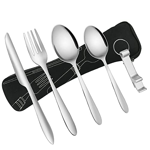 KBNIAN Bestecksets, 5 Stück Reisebesteck Camping Camping Picknick Besteck aus Edelstahl Besteck mit Messer, Gabeln, Löffel, Strohhalm und Etui Portable Besteckset für Outdoor Reise Picknick (Schwarz) von KBNIAN