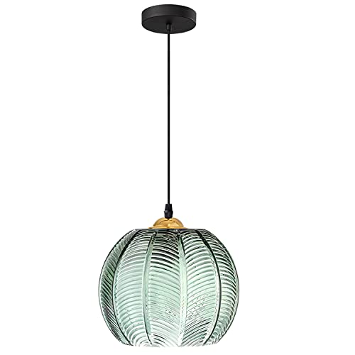 KCO Lighting Einzelne grüne Glas-Pendelleuchte, große Kugel-Pendelleuchte, nordische gerippte Decken-Hänge-Kronleuchter-Leuchte, Vintage-Leuchte für Esszimmer und Kücheninsel von KCO