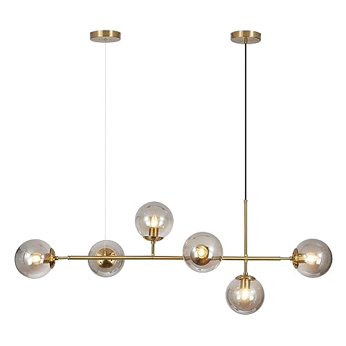 KCO Lighting Wohnzimmer-Pendelleuchte mit 6 rauchgrauen Glaskugeln, moderner, höhenverstellbarer Messing-Kronleuchter, 120 cm Höhe für Kücheninsel, Esszimmer, Restaurant von KCO