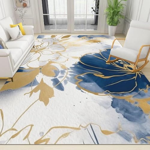 Flächenteppiche 120 x 170 cm, böhmischer Abstrakter Aquarell-Tinten-Orchideen-Blumenteppich, moderner, eleganter Gold-Render-Kunstteppich, geräuschreduzierender, Rutschfester Teppich für Wohnzimmer, von KDOQ