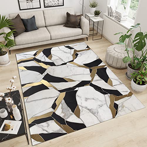 Flächenteppiche 120 x 170 cm, eleganter luxuriöser geometrischer Teppich aus Platinmarmor, modernistischer, einzigartiger Teppich mit Goldfolienrissen zur Personalisierung, Rutschfester Teppich, gee von KDOQ