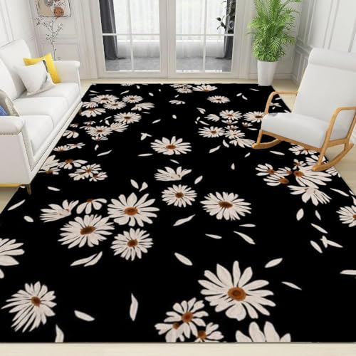 Flächenteppiche 120x170cm Frischer und einfacher Sonnenblumen-Gänseblümchen-Teppich, schwarzer Blumenpflanzen-Teppich, leicht zu reinigender Jungen- und Mädchen-Teppich, geeignet für Schlafzimmer, R von KDOQ